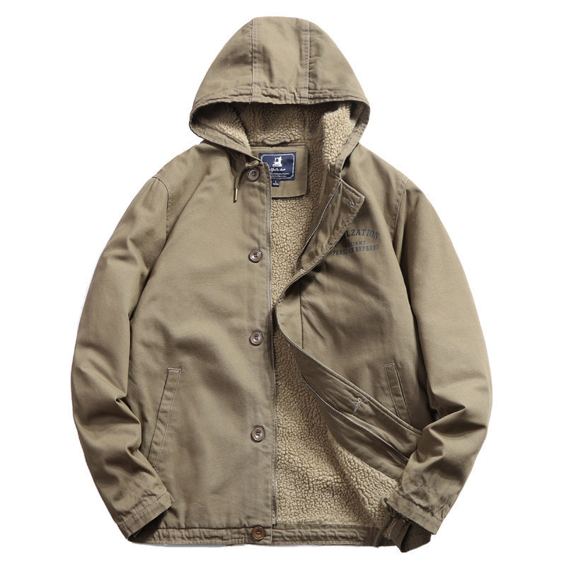 Men's cotton canvas hooded jacket with full teddy lining, concealed button and zipper placket, and inner pocket Mune Fashion