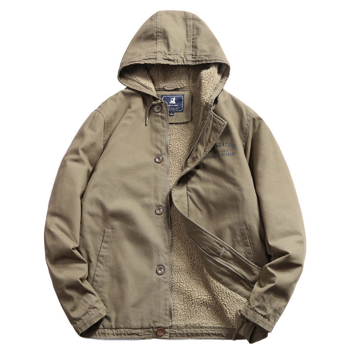 Men's cotton canvas hooded jacket with full teddy lining, concealed button and zipper placket, and inner pocket Mune Fashion