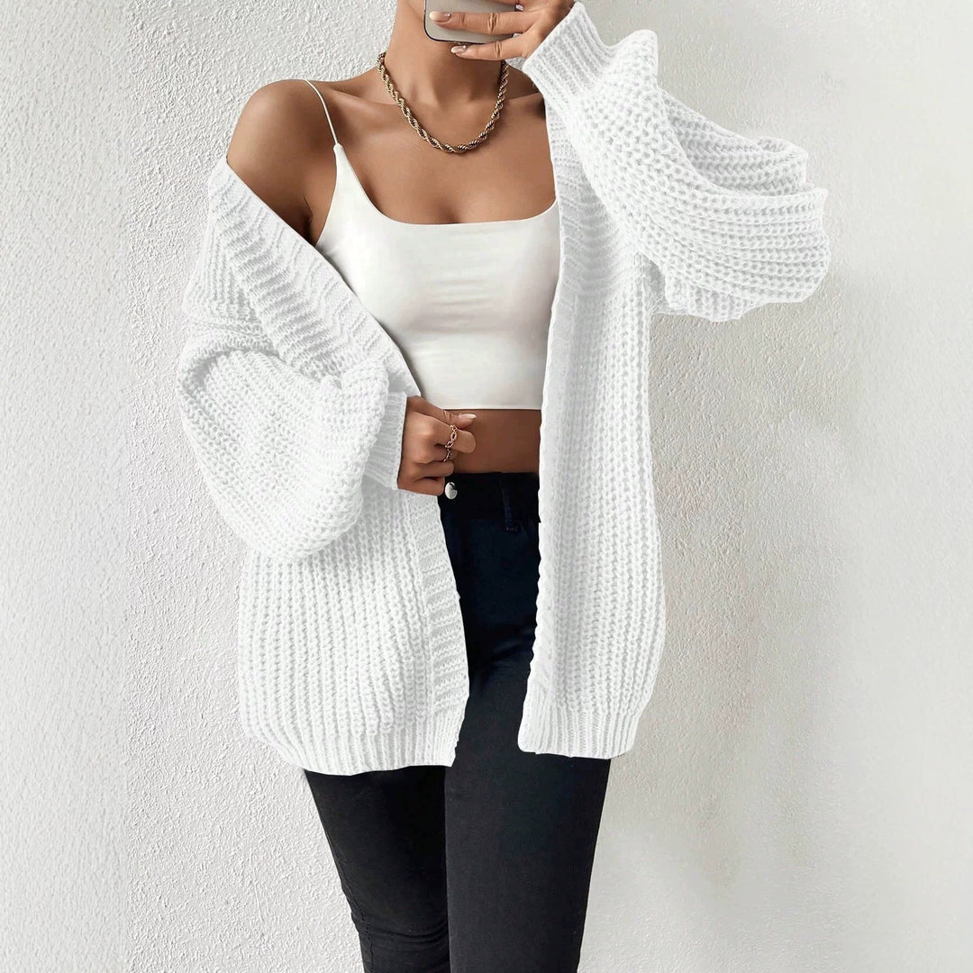 Women's oversized knit cardigan with coarse waffle knit, open front and voluminous balloon sleeves Mune Fashion