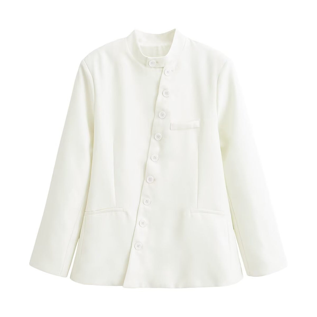 Ladies Tailored Blazer Jacket with Stand-Up Collar, Asymmetrical Button Placket and Insert Pockets Mune Fashion
