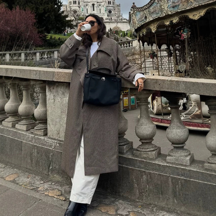 Women Oversize Coat in Glencheck with Wide Lapels and Dropped Shoulder Mune Fashion
