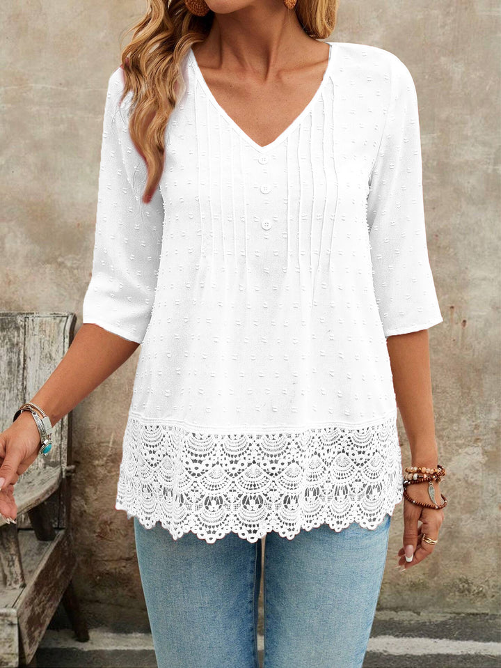 Women Tunic Blouse with Lace Trim and Structured Pintucks Mune Fashion