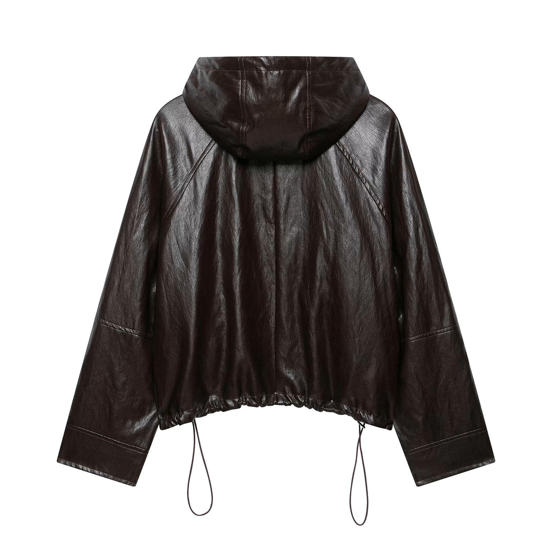 Women’s short hoodie faux leather jacket with drawstring raglan sleeves and zip Mune Fashion