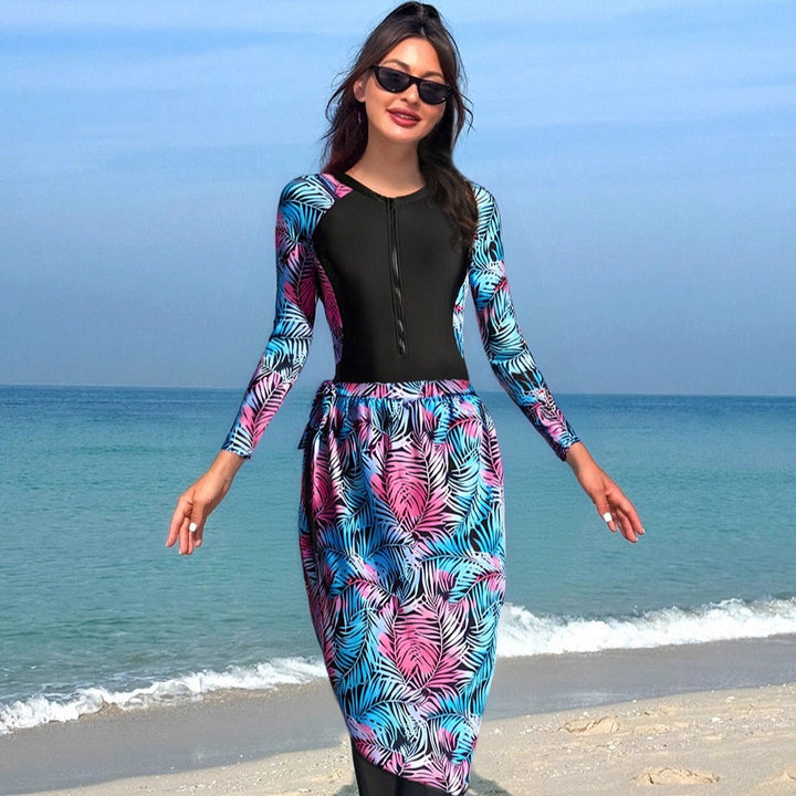 Women's Stylish UV Protection Swimsuit with Long Sleeves and Elegant Skirt Mune Fashion