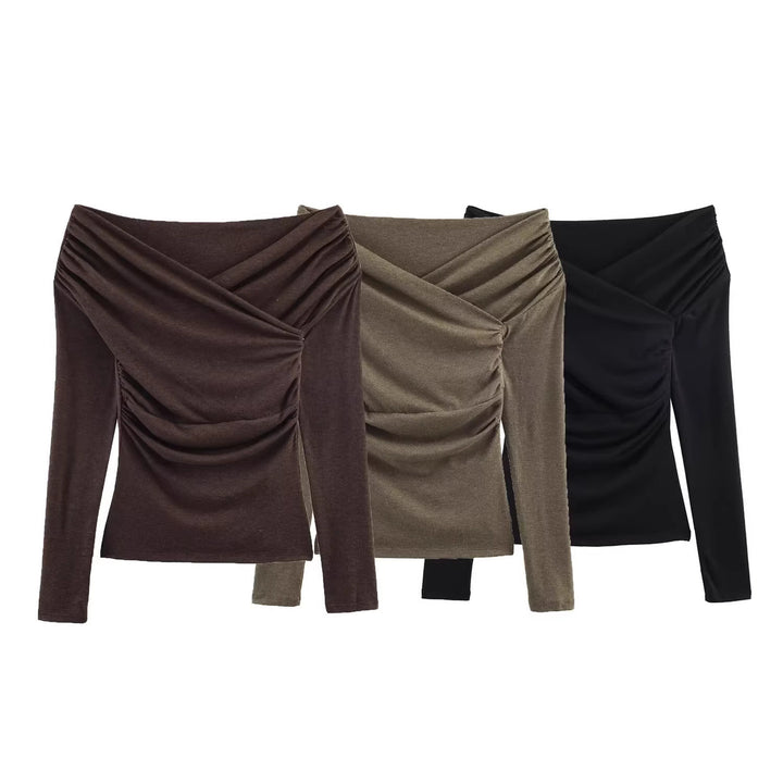 Women Off-Shoulder Gathered Long Sleeve Top with Wrap Draping Mune Fashion