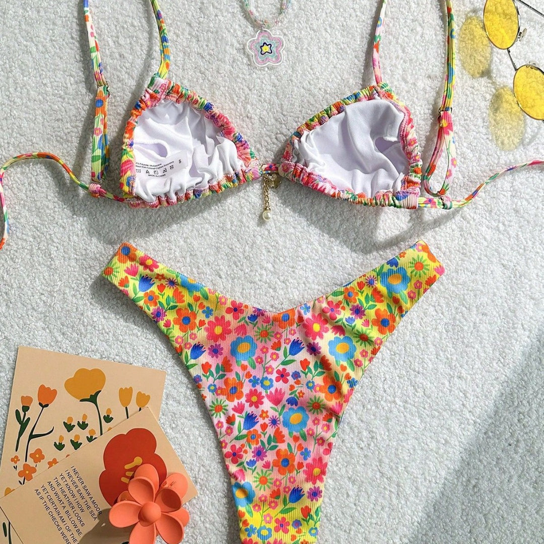 Women's triangle bikini with colorful floral design and fine ruffle details Mune Fashion