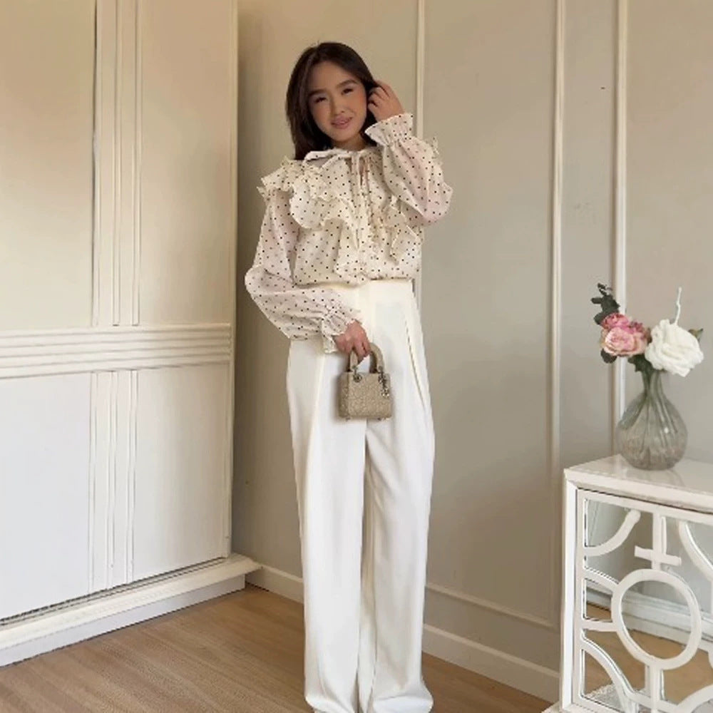 Women Ruffle Blouse with Bow Collar and Polka Dot Pattern Mune Fashion