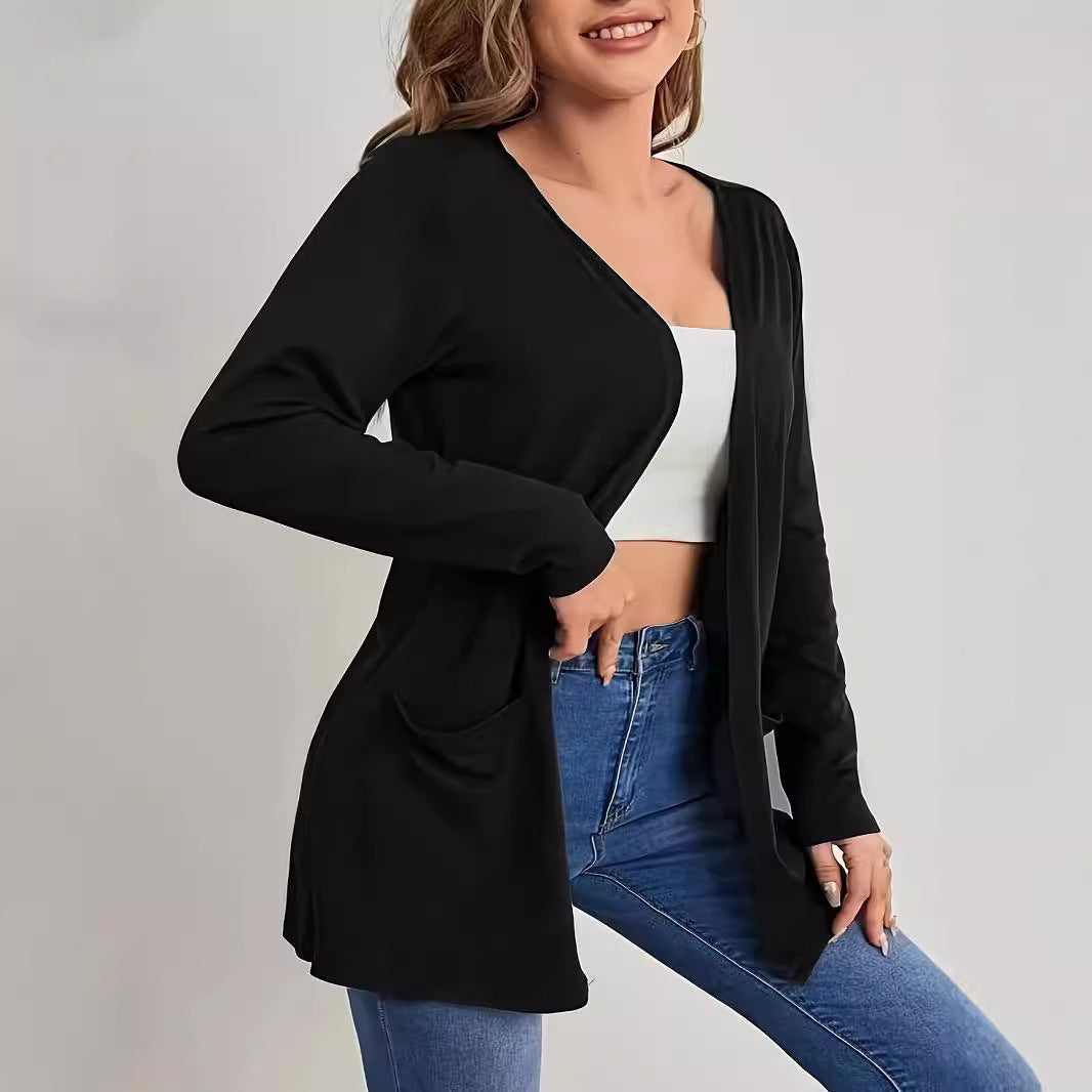 Women’s Long Open Fine Knit Cardigan with Side Pockets and Subtle V-Neckline Drune