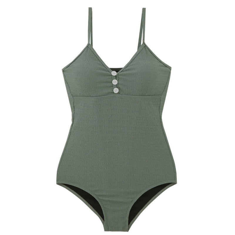 Ladies One-Piece Swimsuit with Button Detail and Subtle Ribbed Design Mune Fashion