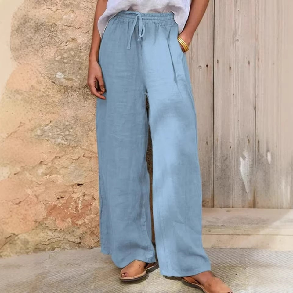 Women's High-Cut Linen Palazzo Pants with Drawstring and Wide Leg Mune Fashion