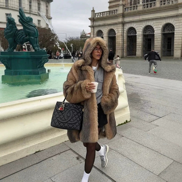 Women's Luxury Faux Fur Coat with A-Line Cut, Hood, and Microfiber Lining Mune Fashion