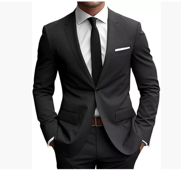 Men's fitted one-button suit set with notched lapels, French flap pockets, and slight stretch content Mune Fashion