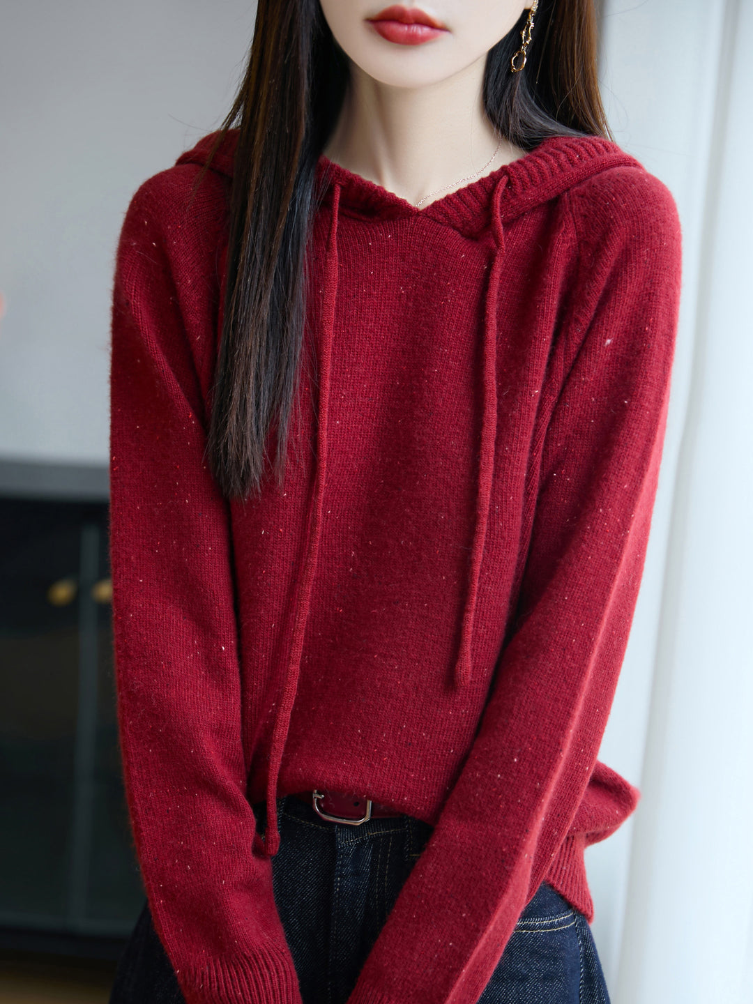 Women's Soft Fine Knit Hoodie with Nep Yarn and Ribbed Cuffs Mune Fashion