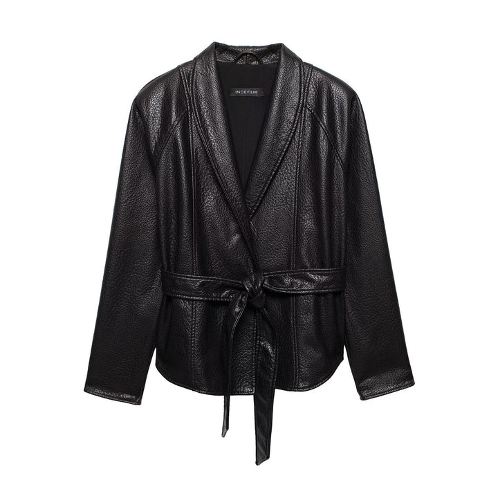 Women's leather jacket in leather look with tie belt and shawl collar Mune Fashion