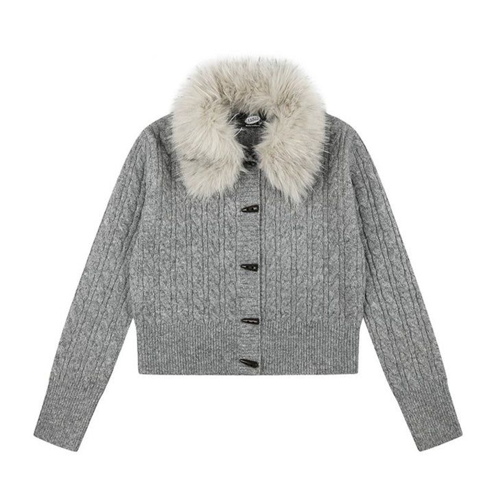 Women's Short Cable Knit Cardigan with Removable Faux Fur Collar and Toggle Button Closure Mune Fashion