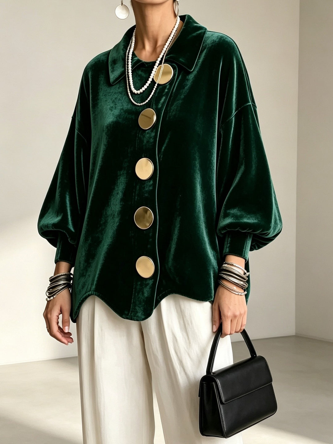 Women's Oversized Velvet Jacket with Large Decorative Buttons and Balloon Sleeves Mune Fashion