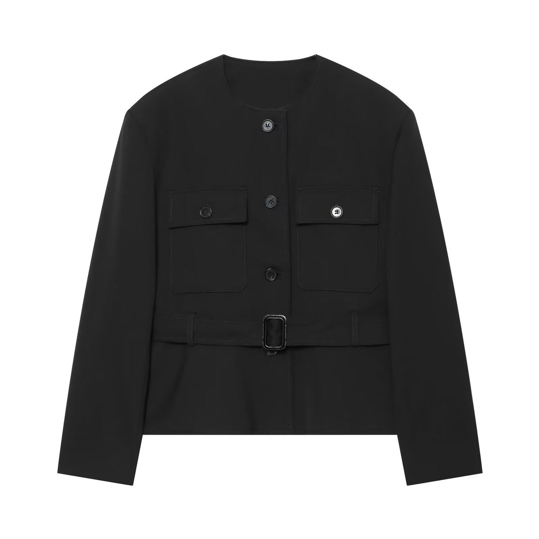 Women's short utility-style jacket with waist belt, patch pockets, and round neckline Drune