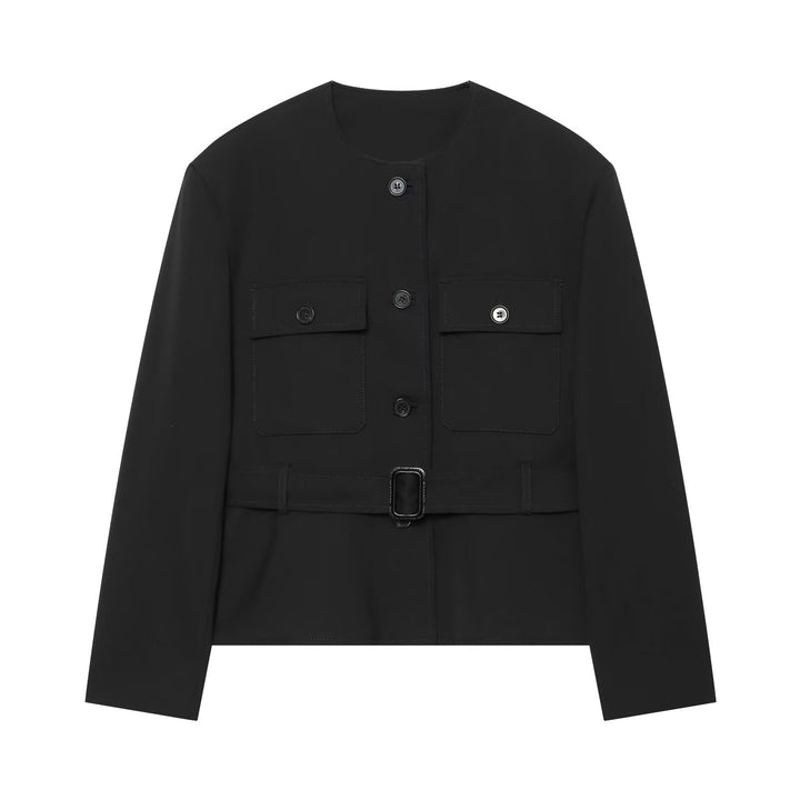 Women's short utility-style jacket with waist belt, patch pockets, and round neckline Drune