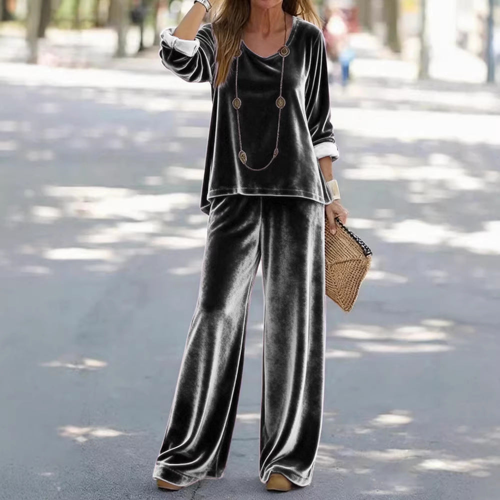 Women's Elegant Velvet Two-Piece Lounge Set with V-Neck and Wide Leg