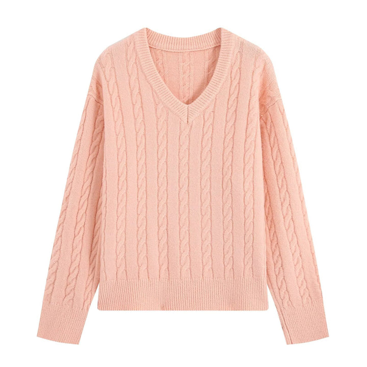 Women's Oversize Cable Knit Sweater with V-Neck and Wide Ribbed Cuff Mune Fashion