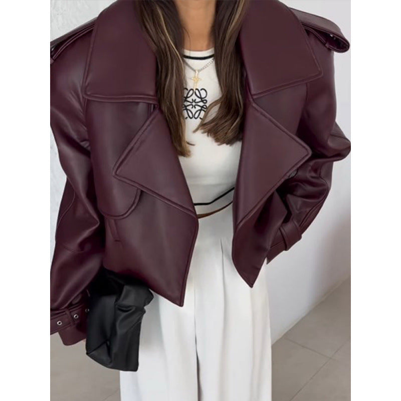Ladies Cropped Biker Jacket made of faux leather with oversized lapels, adjustable cuffs, and epaulettes Mune Fashion