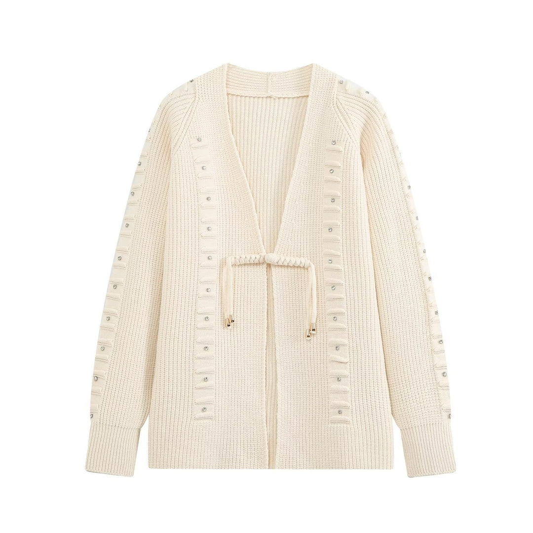 Women Chunky Knit Long Cardigan with Decorative Stones and Drawstring Ties Drune