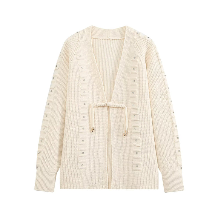 Women Chunky Knit Long Cardigan with Decorative Stones and Drawstring Ties Drune