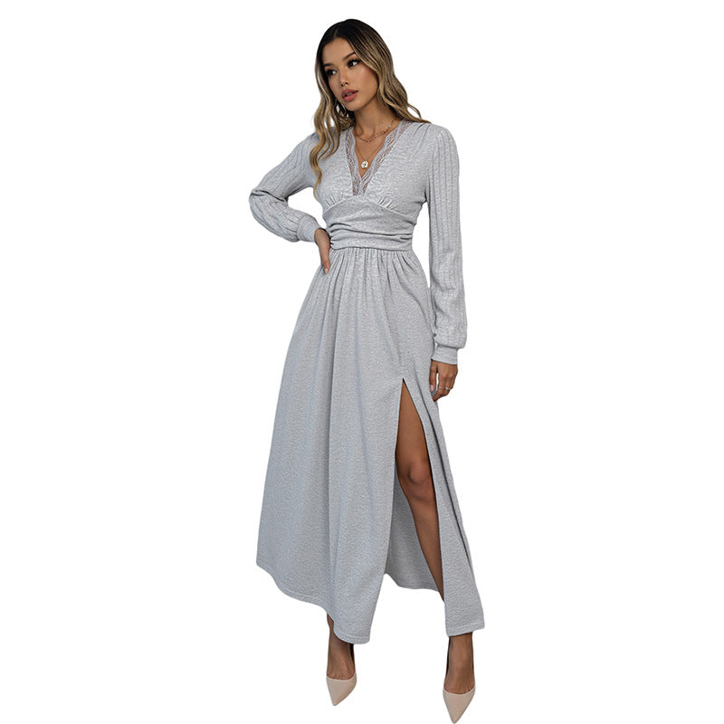 Women's Elegant Wrap Maxi Dress with Lace Trim, Fitted Knot Waist and High Split