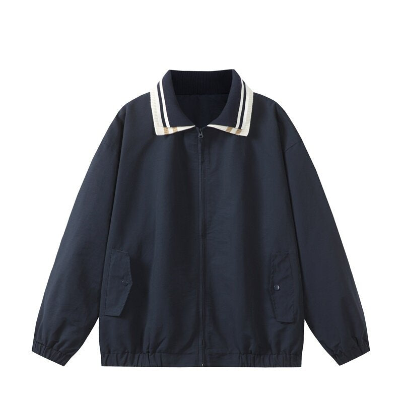 Men's Lightweight Harrington-Style Bomber Jacket with Striped Ribbed Collar and Snap Button Pockets Mune Fashion