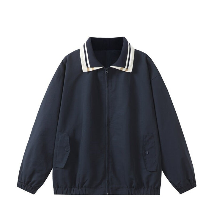 Men's Lightweight Harrington-Style Bomber Jacket with Striped Ribbed Collar and Snap Button Pockets Mune Fashion
