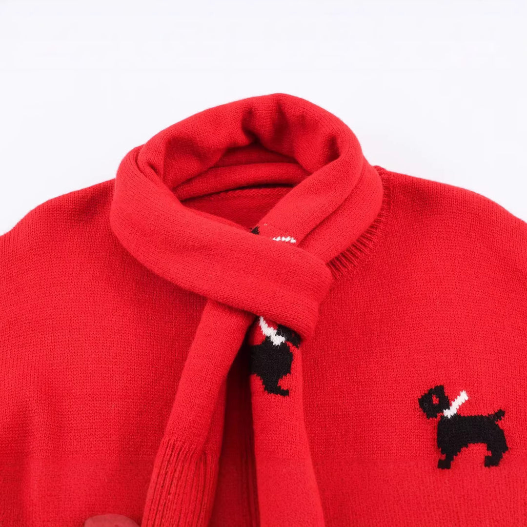 Women's Knitted Short Jacket with Integrated Scarf and Dog Intarsia Mune Fashion