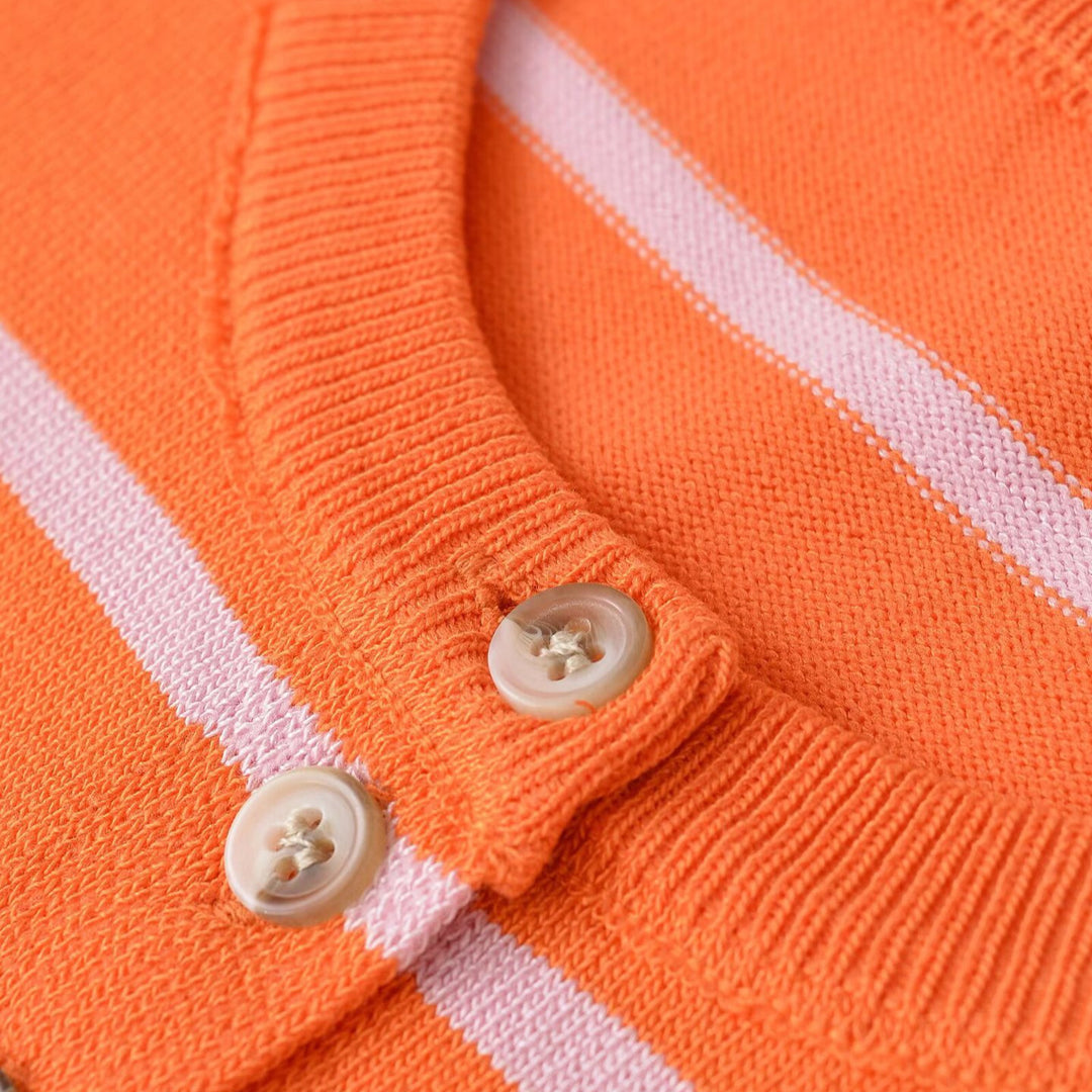 Women's Short-Cut Fine Knit Cardigan with Horizontal Stripes and Mother-of-Pearl Buttons Mune Fashion