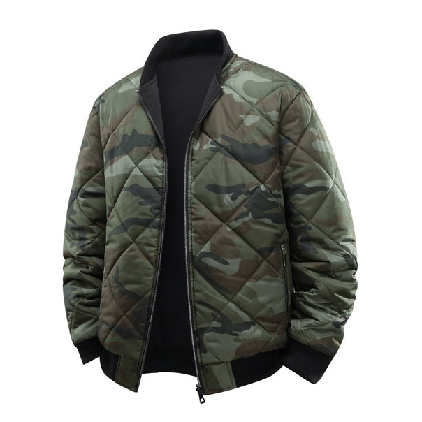 Men's Quilted Camouflage Bomber Jacket with Ribbed Cuffs and Two-Way Zipper Mune Fashion