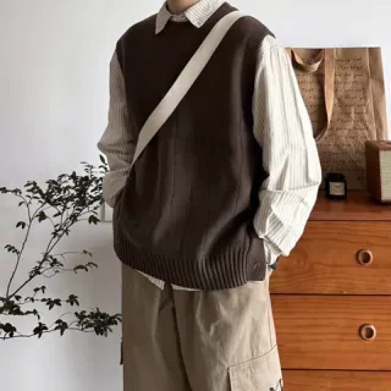 Men's Oversized Sleeveless Knit Vest with Ribbed Hem and Round Neckline Mune Fashion