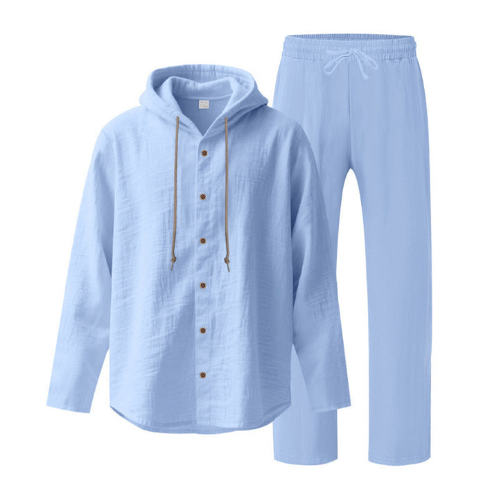 Men's two-piece lounge set with button hoodie shirt made of crepe jersey and straight drawstring pants Mune Fashion