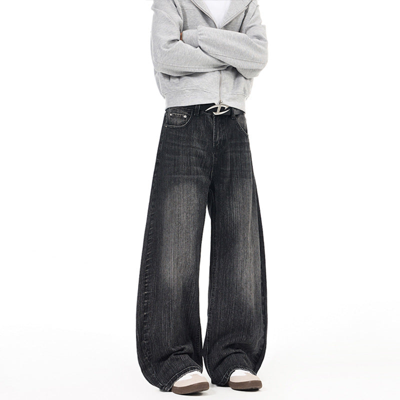 Men's Wide Vintage-inspired Denim Palazzo Pants with Extended Hem and Soft Bleach Effects Mune Fashion