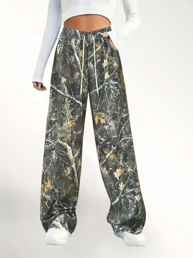 Women's Wide Palazzo Lounge Pants in Camouflage Leaf Pattern with Elastic Waistband, Drawstring and Side Pockets Mune Fashion