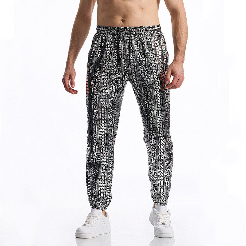 Men's Tapered Jogging Pants with Elastic Waistband, Drawstring and Metallic Circle Print Mune Fashion