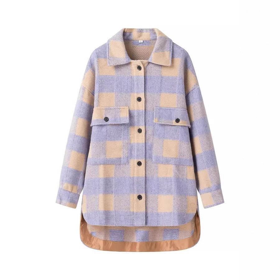 Women's Oversized Shirt Jacket in Check with Large Flap Pockets and Curved Hem Mune Fashion
