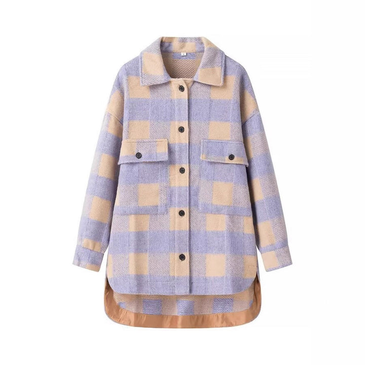 Women's Oversized Shirt Jacket in Check with Large Flap Pockets and Curved Hem Mune Fashion