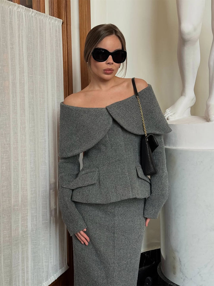 Women Elegant Boucle Set with Off-Shoulder Jacket and Fitted Pencil Skirt Mune Fashion
