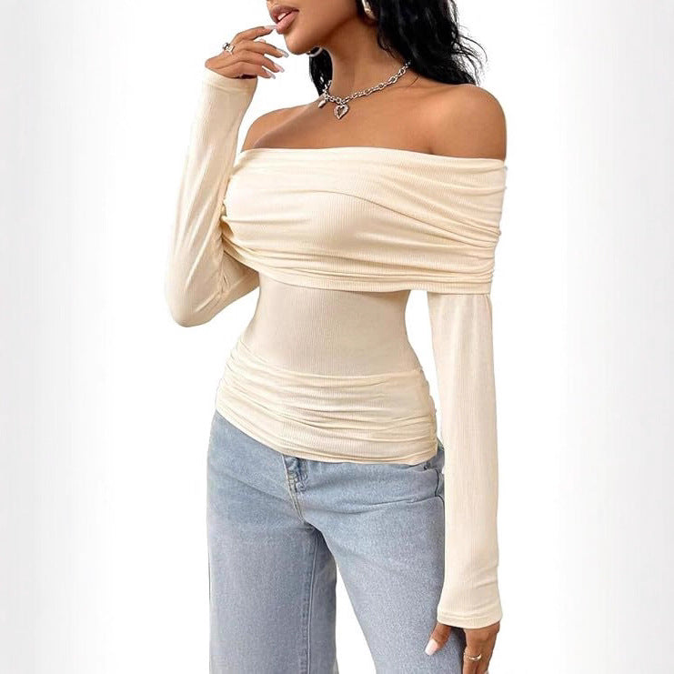 Women's Off-Shoulder Ribbed Long Sleeve with Wide Folded Collar and Fitted Silhouette Mune Fashion