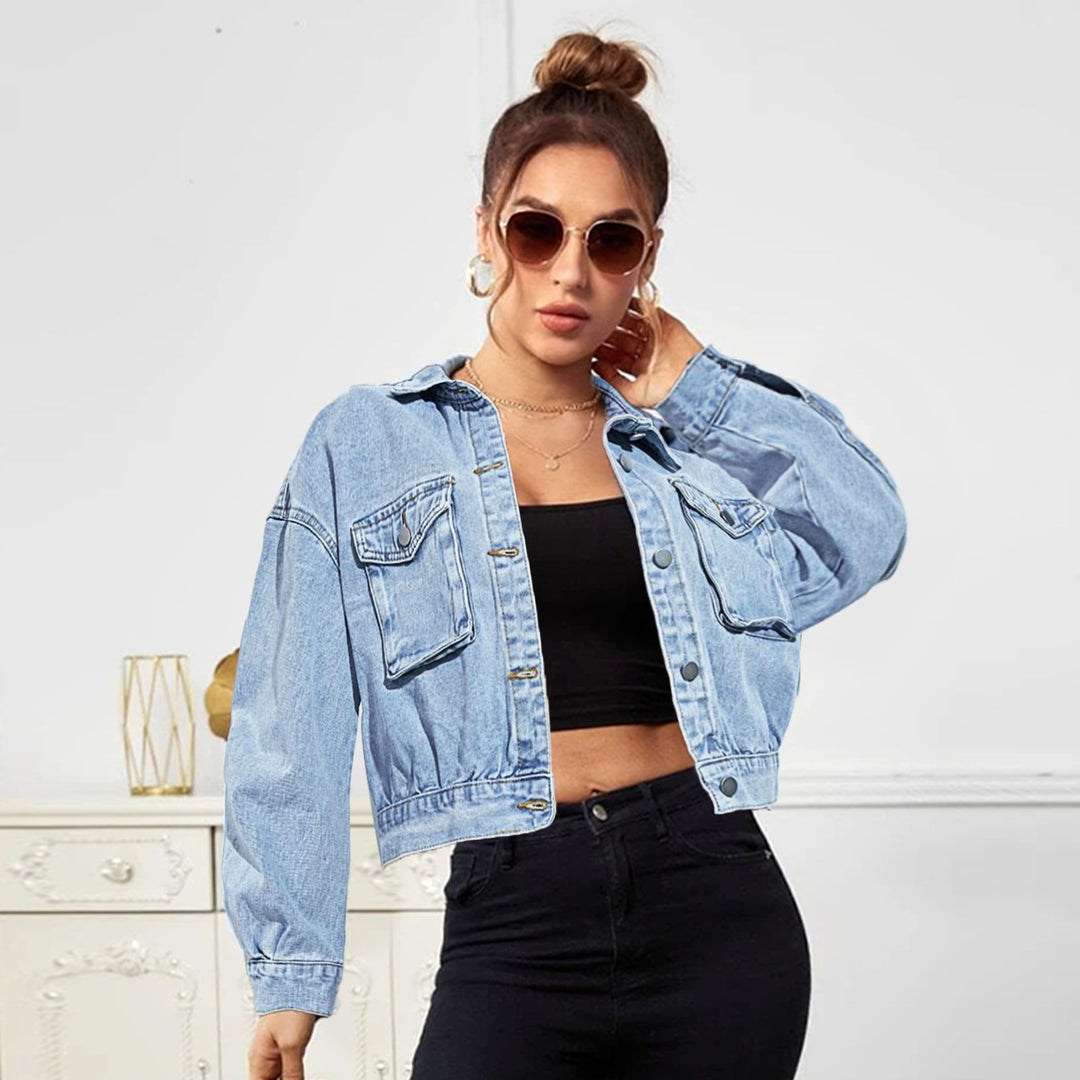 Women Cropped Boxy Denim Jacket with Patch Chest Pockets and Short Hem Mune Fashion