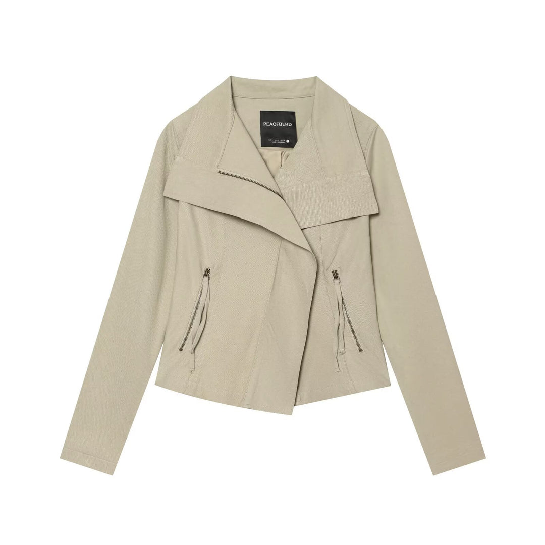 Women Asymmetrical Biker Jacket with Waterfall Collar and Diagonal Zipper Mune Fashion