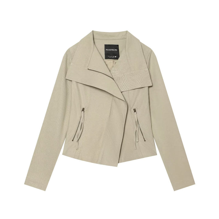 Women Asymmetrical Biker Jacket with Waterfall Collar and Diagonal Zipper Mune Fashion