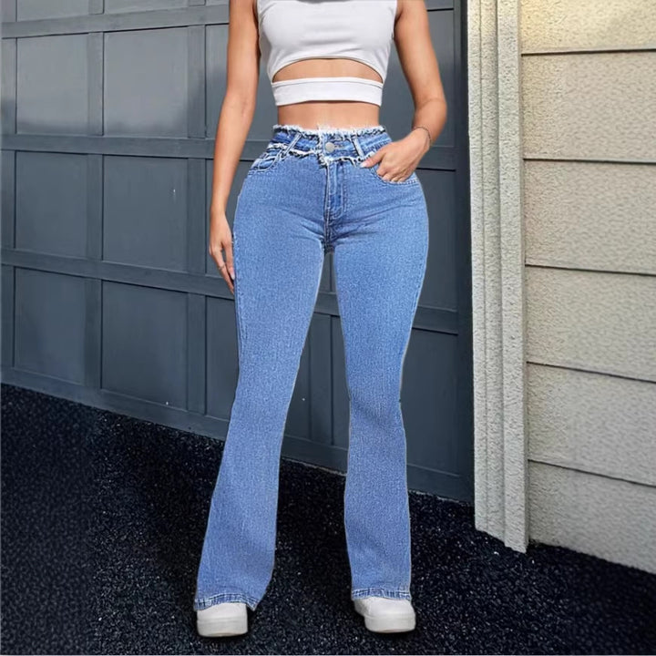 Women's High-Waisted Flared Jeans with Frayed Waistband and Center Stitch Mune Fashion