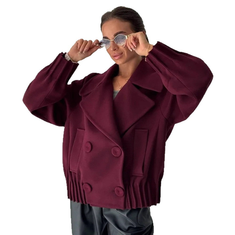 Women's Short Boxy Wool Coat with Oversized Shawl Collar, Double Button Placket and Ribbed Cuff Mune Fashion