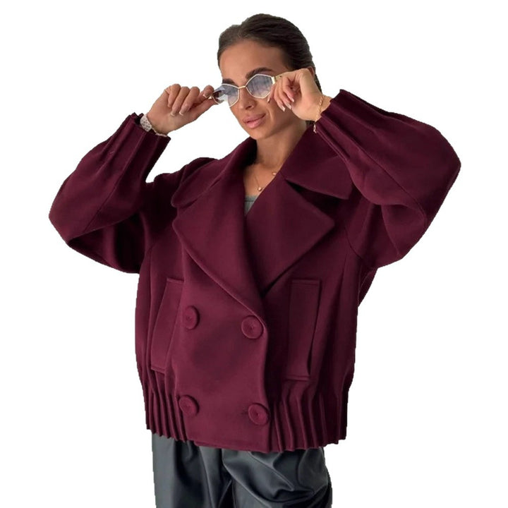 Women's Short Boxy Wool Coat with Oversized Shawl Collar, Double Button Placket and Ribbed Cuff Mune Fashion