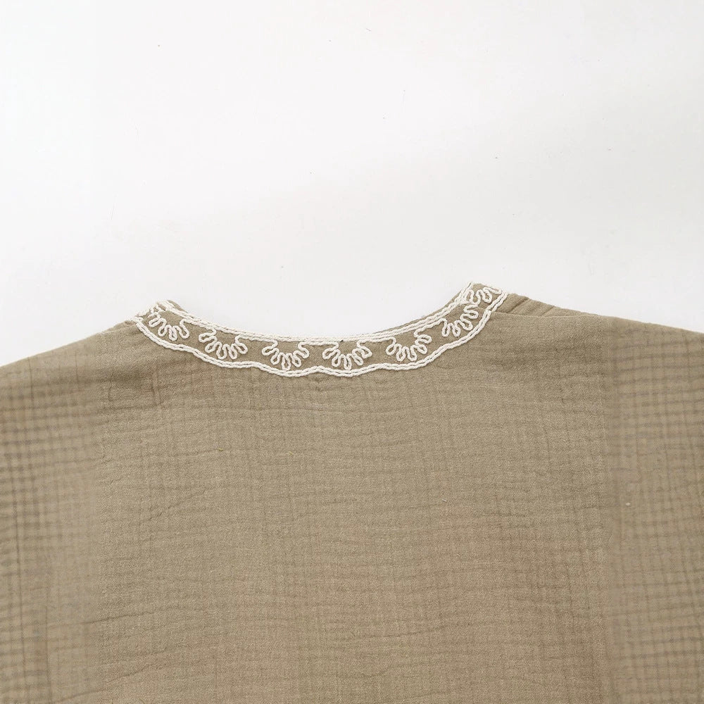 Women's Sleeveless Linen Vest with Floral Relief Embroidery and Open Front Mune Fashion