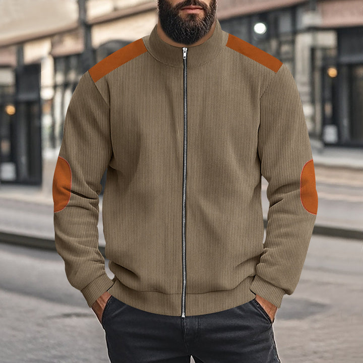 Men's nan cord jacket with zipper stand-up collar and elbow patches Mune Fashion